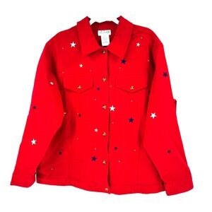 Quacker Factory Red Denim Jacket Women's 1X Stars Fourth Of July Patriotic Top